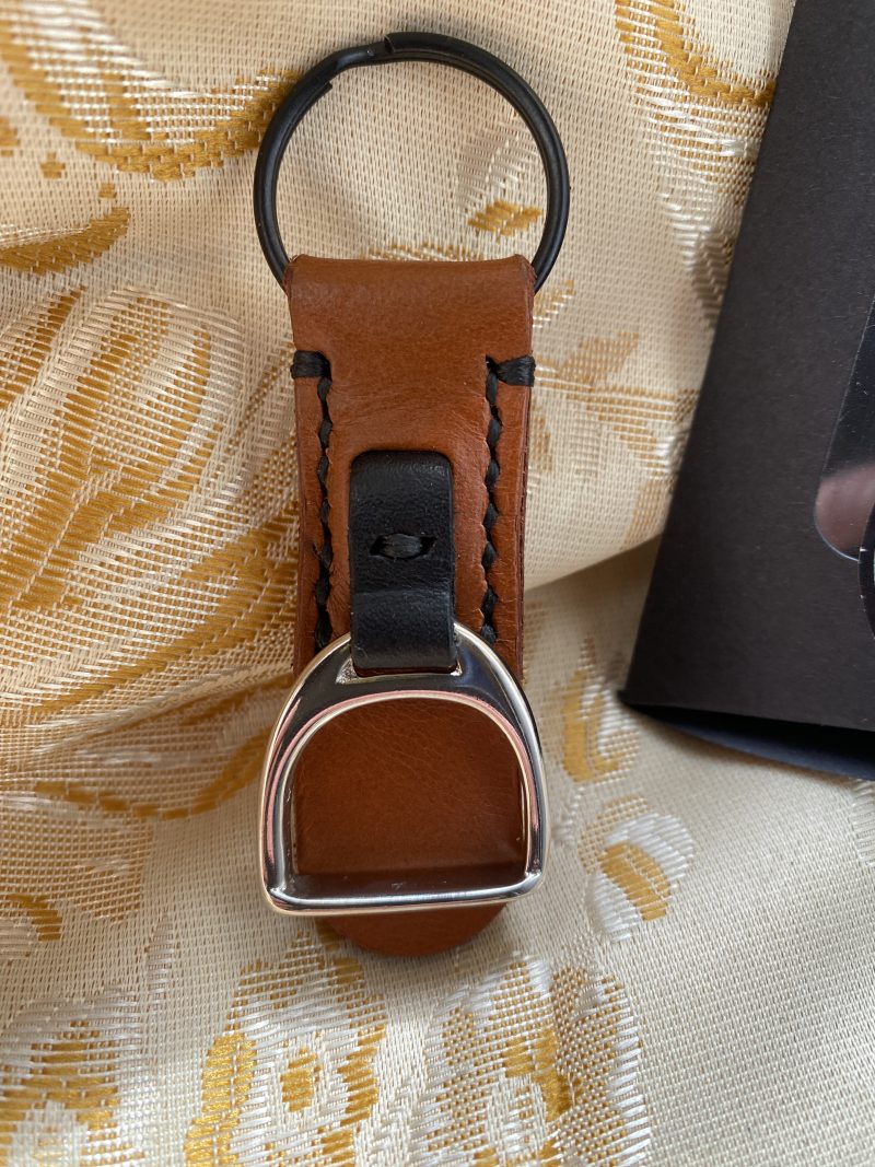 London tan and black leather stirrup key ring or bag charm