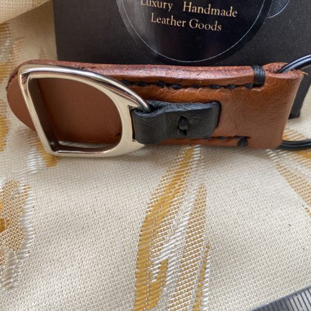 London tan and black leather stirrup key ring or bag charm