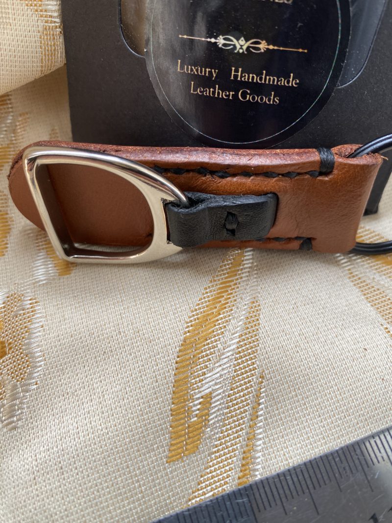London tan and black leather stirrup key ring or bag charm