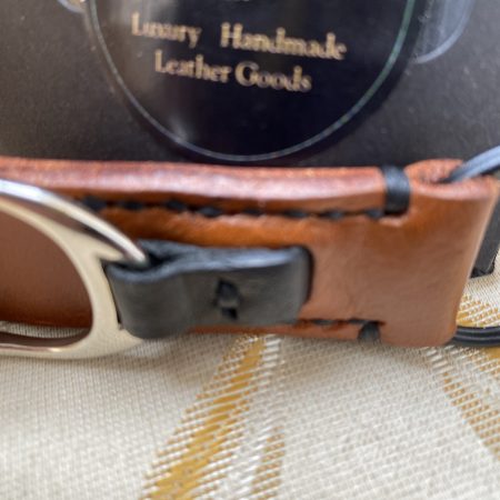 London tan and black leather stirrup key ring or bag charm