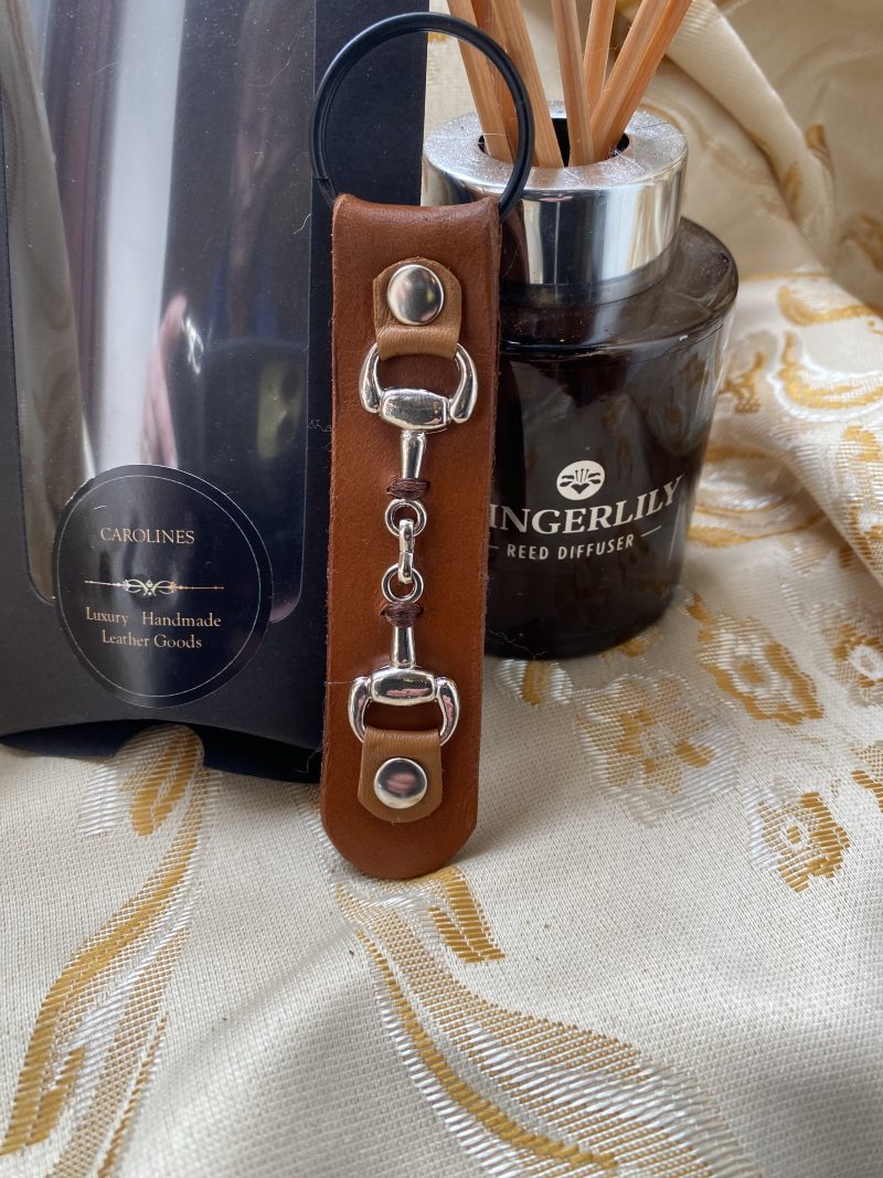 London tan leather snaffle bit keyring or bag charm