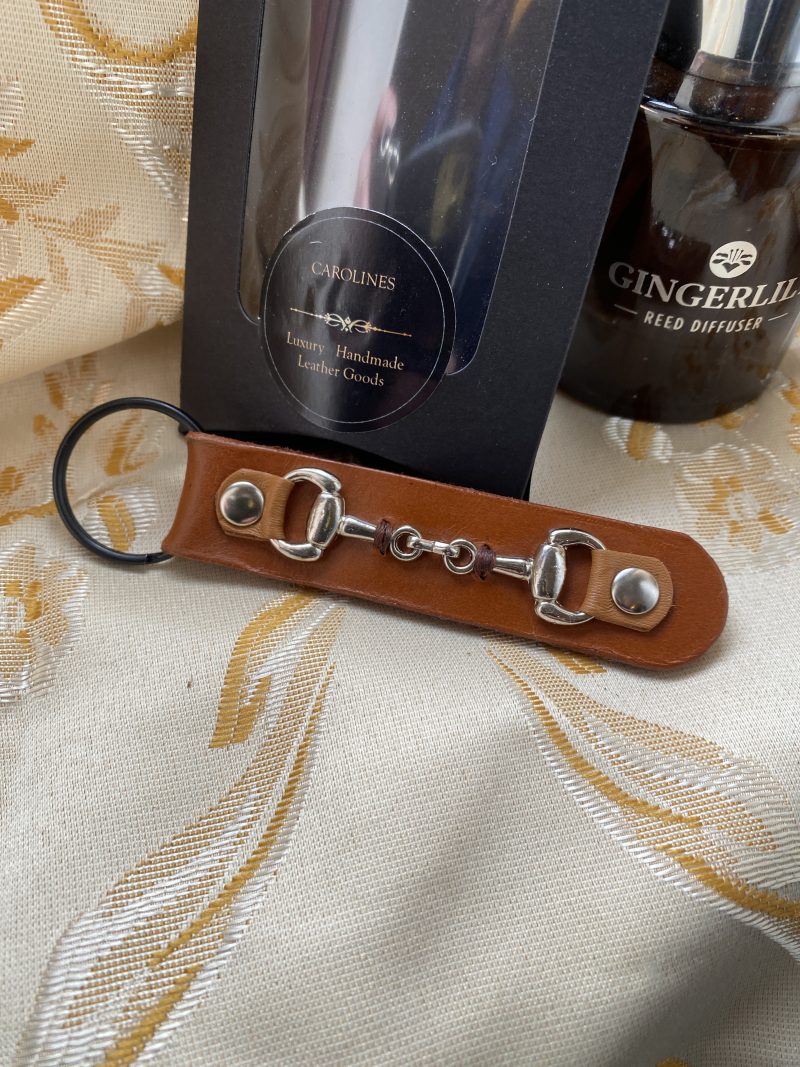 London tan leather snaffle bit keyring or bag charm