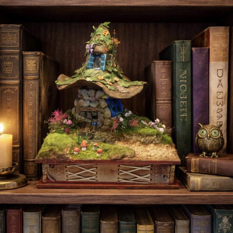 C19th Jar Fairy Cottage Bookshelf Decor Booknook with Hidden Leather Notebook