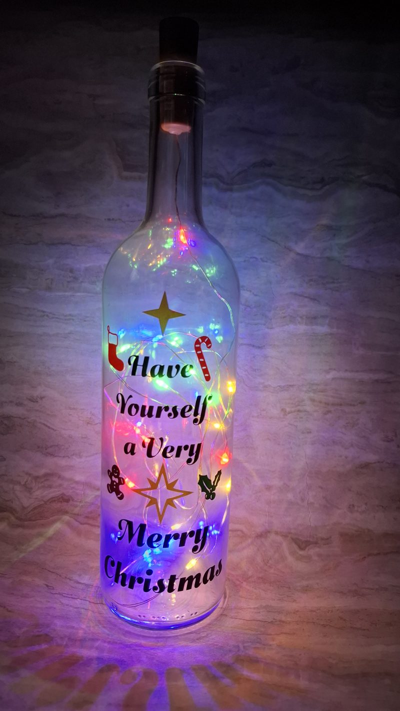 Merry Christmas Wine Bottle Gift, with Coloured LED Light String
