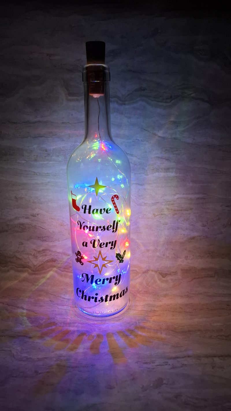 Merry Christmas Wine Bottle Gift, with Coloured LED Light String