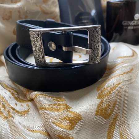 Italian unisex black italian leather belt with Laramie silver plated floral western buckle