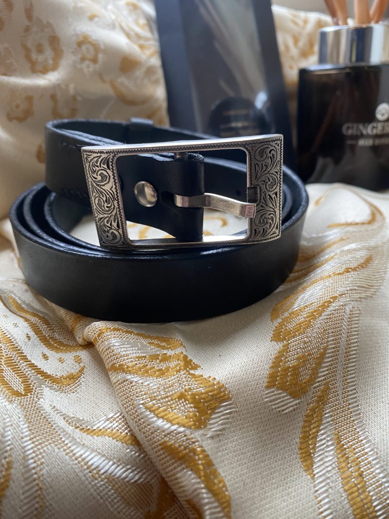 Italian unisex black italian leather belt with Laramie silver plated floral western buckle