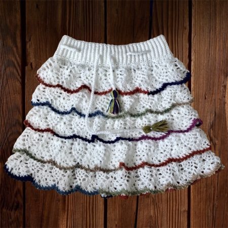 Handmade Crochet Ruffle Mini Skirt White Multicolour Boho Festival UK Size S