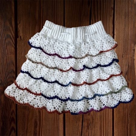 Handmade Crochet Ruffle Mini Skirt White Multicolour Boho Festival UK Size S