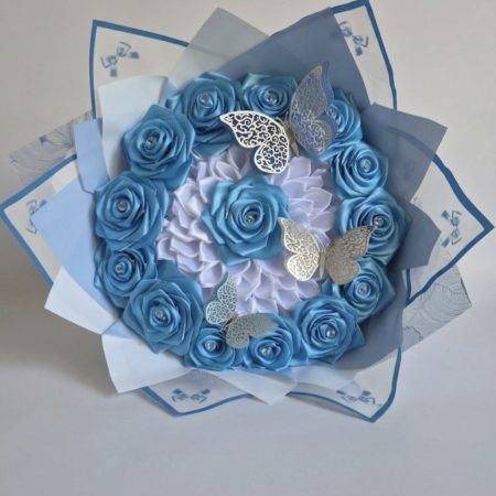 Luxury Blue and White Handcrafted Satin Ribbon Rose Bouquet with Butterflies