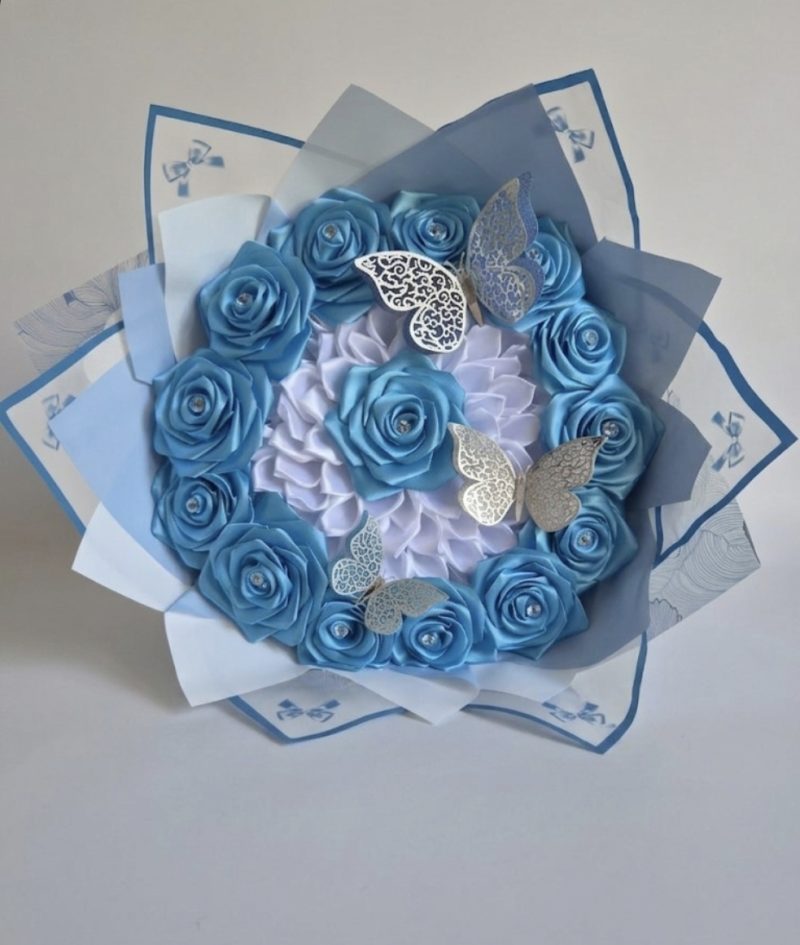 Luxury Blue and White Handcrafted Satin Ribbon Rose Bouquet with Butterflies