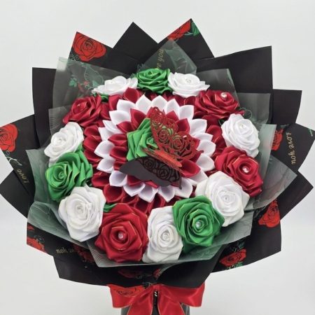Luxury Emerald Green, White & Red Handcrafted Satin Rose Bouquet with Butterfly