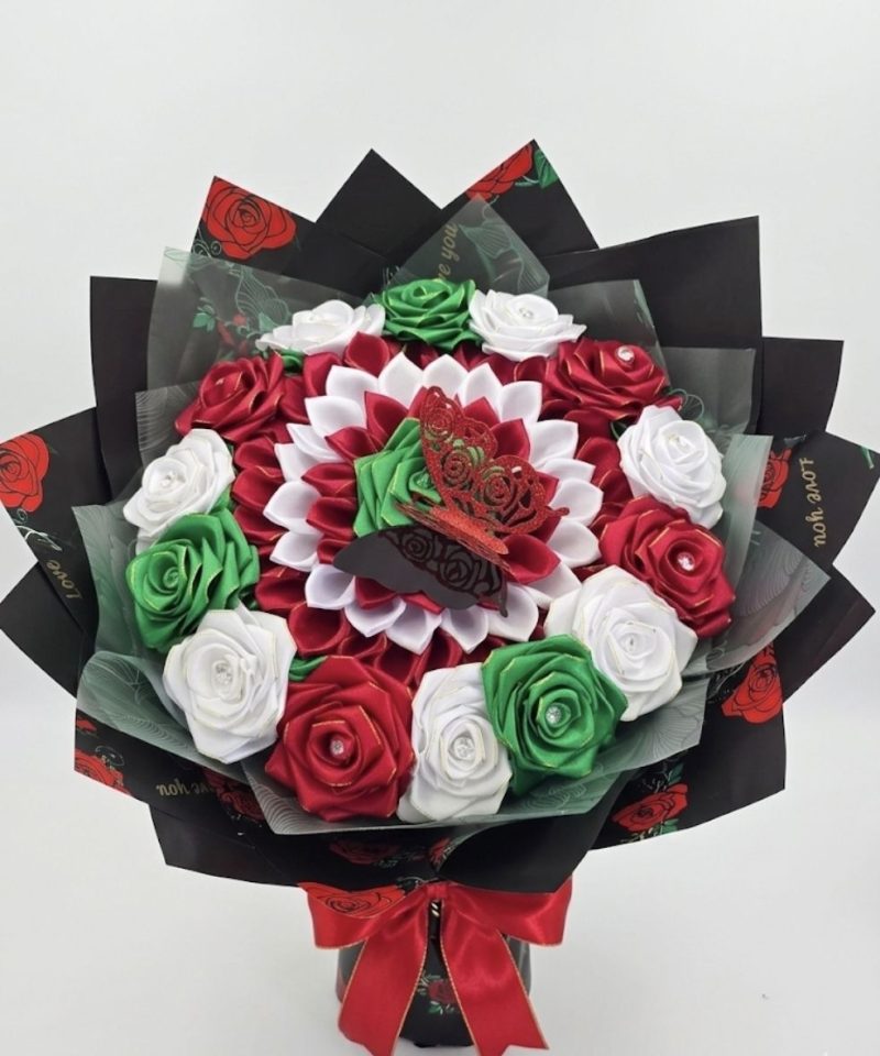 Luxury Emerald Green, White & Red Handcrafted Satin Rose Bouquet with Butterfly