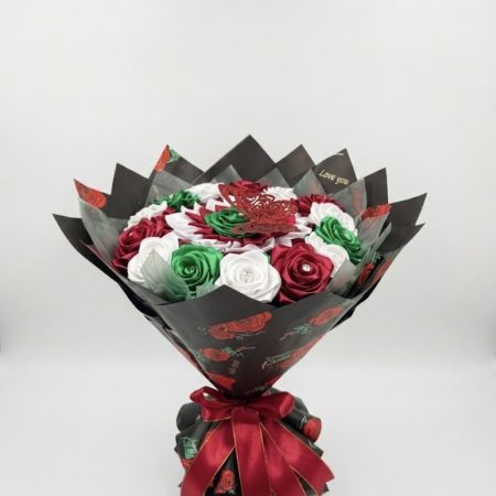 Luxury Emerald Green, White & Red Handcrafted Satin Rose Bouquet with Butterfly