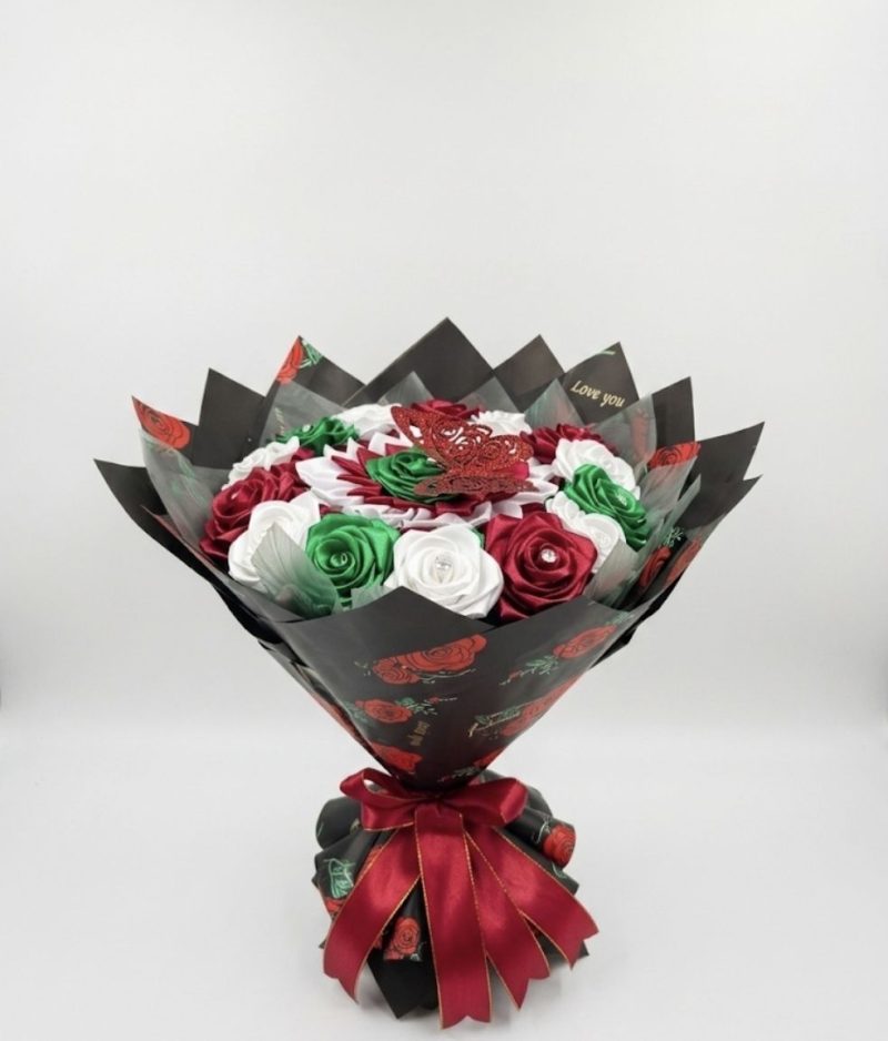 Luxury Emerald Green, White & Red Handcrafted Satin Rose Bouquet with Butterfly