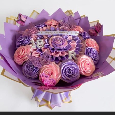 Luxury Personalized 18th Birthday Satin Ribbon Rose Bouquet with Initial & Butterflies
