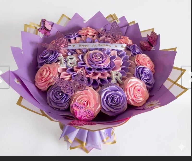 Luxury Personalized 18th Birthday Satin Ribbon Rose Bouquet with Initial & Butterflies