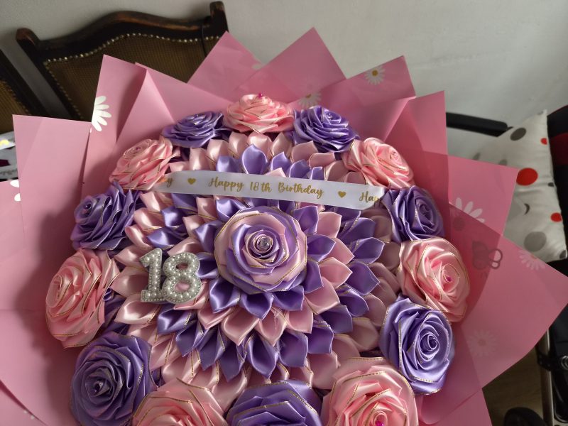 Luxury Personalized 18th Birthday Satin Ribbon Rose Bouquet with Initial & Butterflies