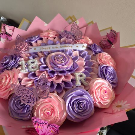 Luxury Personalized 18th Birthday Satin Ribbon Rose Bouquet with Initial & Butterflies