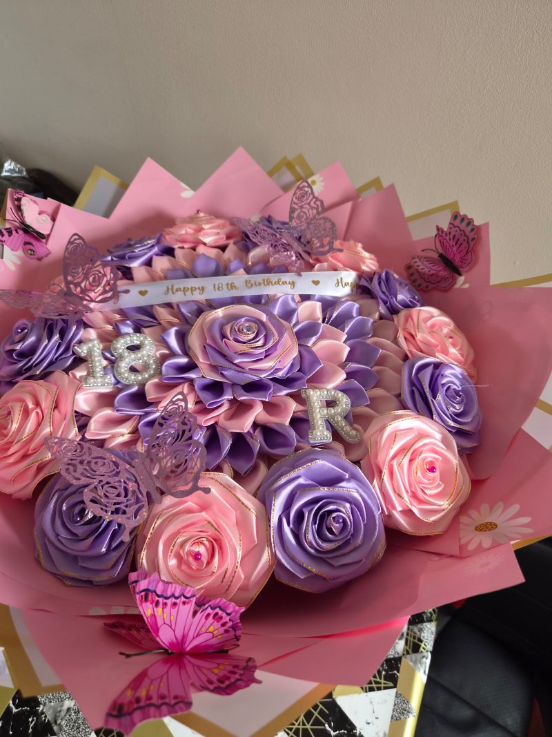 Luxury Personalized 18th Birthday Satin Ribbon Rose Bouquet with Initial & Butterflies