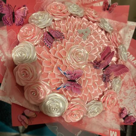 Luxury Pink and White Everlasting Satin Rose Bouquet with Custom Name Initial