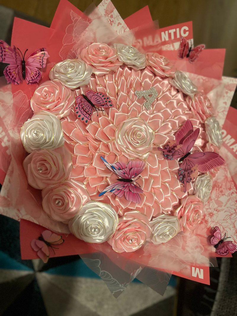 Luxury Pink and White Everlasting Satin Rose Bouquet with Custom Name Initial