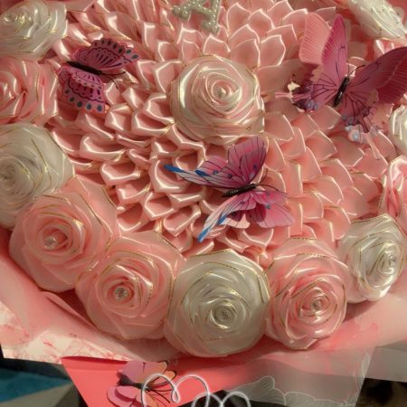 Luxury Pink and White Everlasting Satin Rose Bouquet with Custom Name Initial