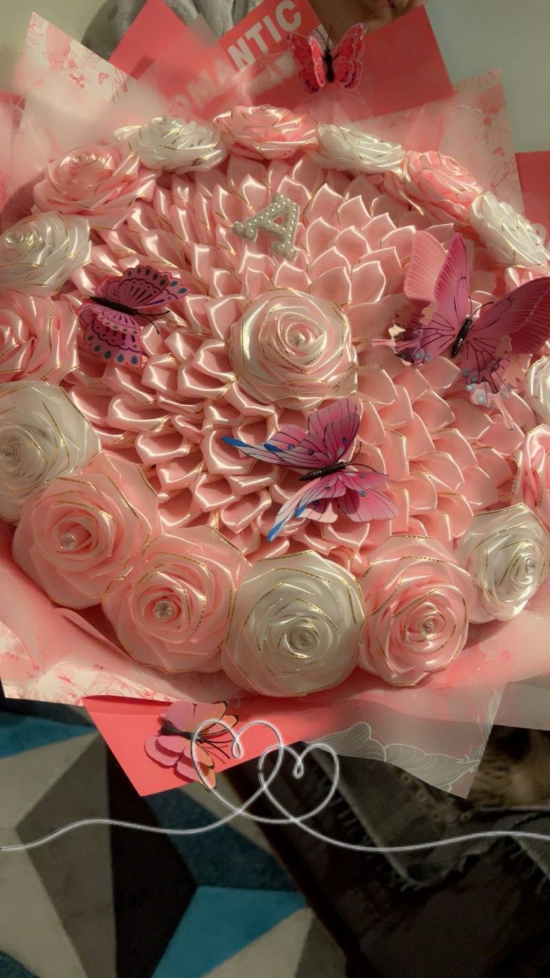 Luxury Pink and White Everlasting Satin Rose Bouquet with Custom Name Initial