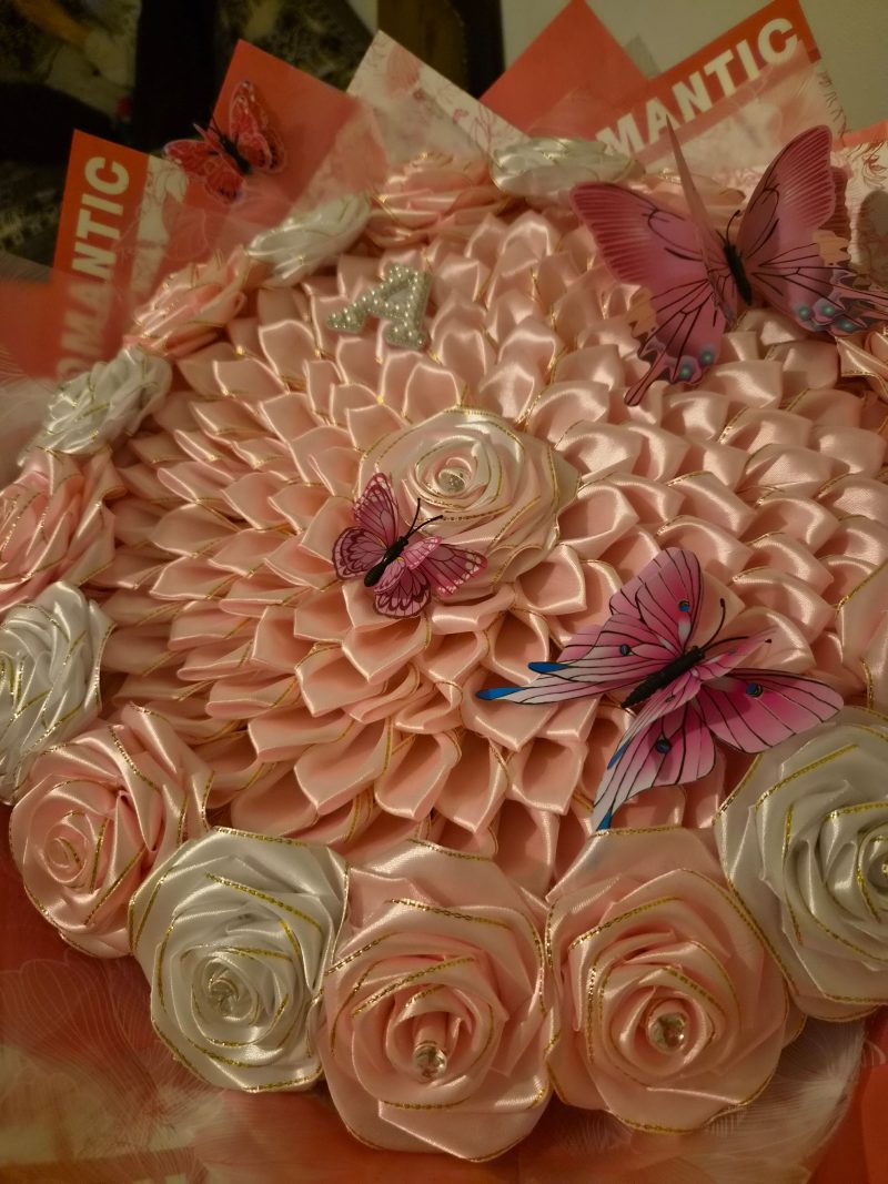 Luxury Pink and White Everlasting Satin Rose Bouquet with Custom Name Initial