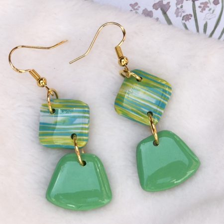 Green and yellow polymer clay drop earrings