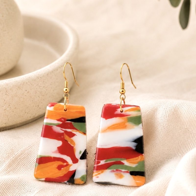 Multicoloured red, orange & white polymer clay drop earrings