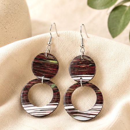 Handcrafted 2 tier drop earrings, wood effect & white colouring, made from polymer clay with coated resin front. 925 silver plate hook.
