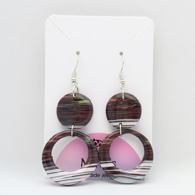 Handcrafted 2 tier drop earrings, wood effect & white colouring, made from polymer clay with coated resin front. 925 silver plate hook.