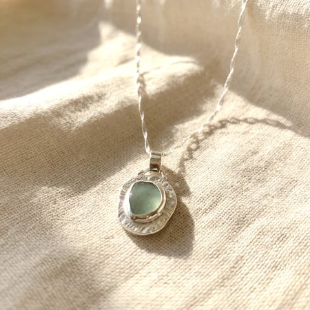 Silver Sea Glass Pendant Textured Necklace