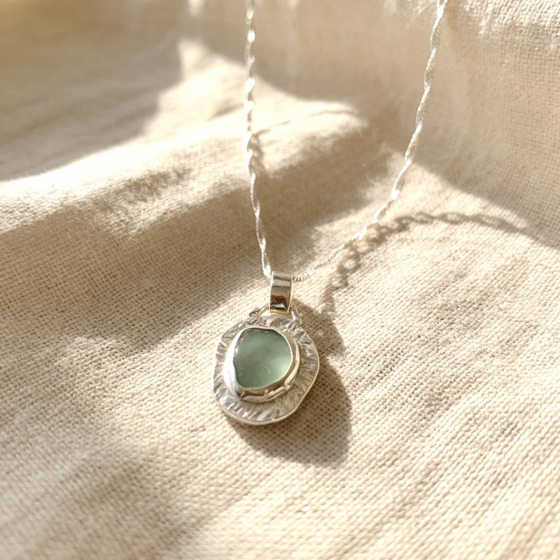 Silver Sea Glass Pendant Textured Necklace