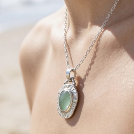 Silver Sea Glass Pendant Textured Necklace