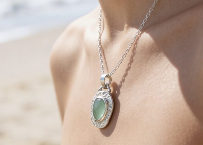 Silver Sea Glass Pendant Textured Necklace
