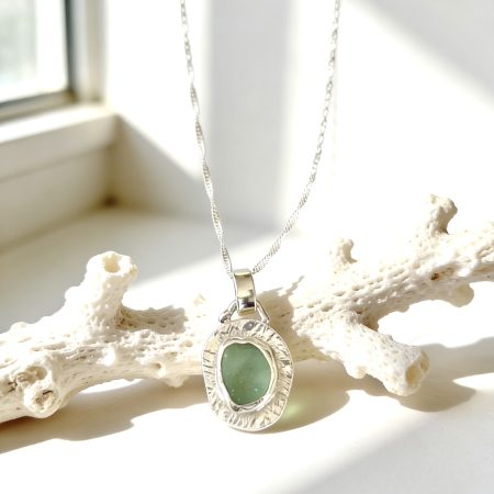 Silver Sea Glass Pendant Textured Necklace