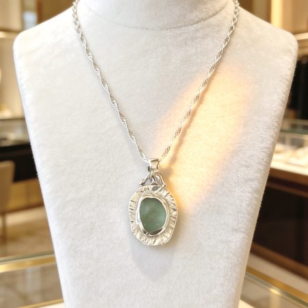Silver Sea Glass Pendant Textured Necklace