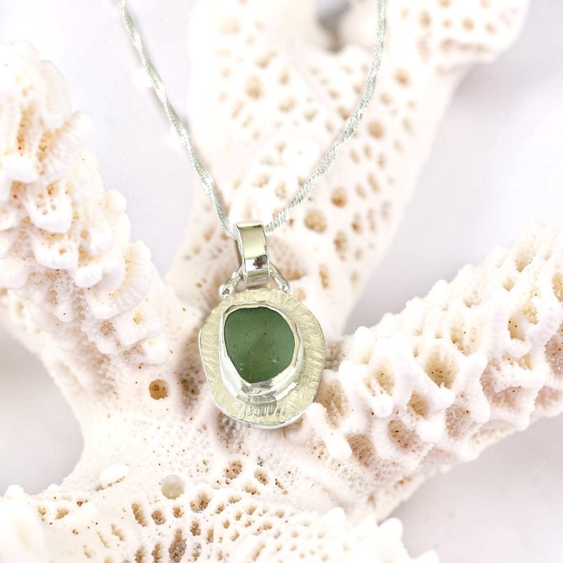 Silver Sea Glass Pendant Textured Necklace