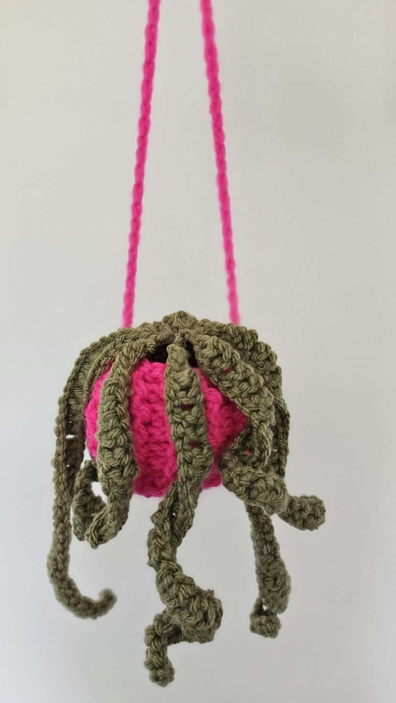 Handmade hanging crochet plant in a fushia pot