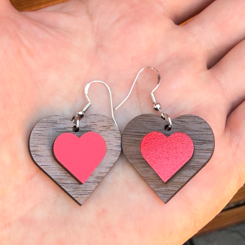Red heart shaped wooden earrings