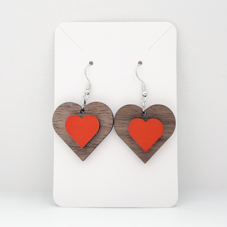 Red heart shaped wooden earrings