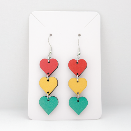 Traffic light heart shaped wooden earrings