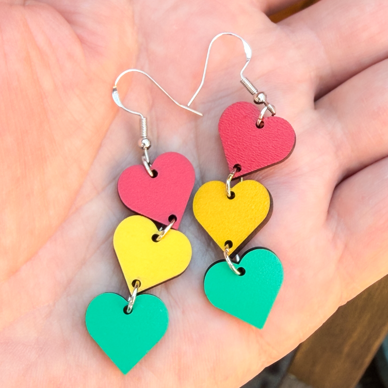 Traffic light, red, yellow and green heart shaped wooden earrings