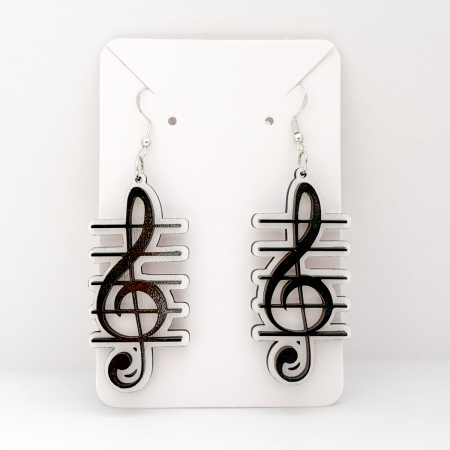 Musical treble clef black & white wooden earrings