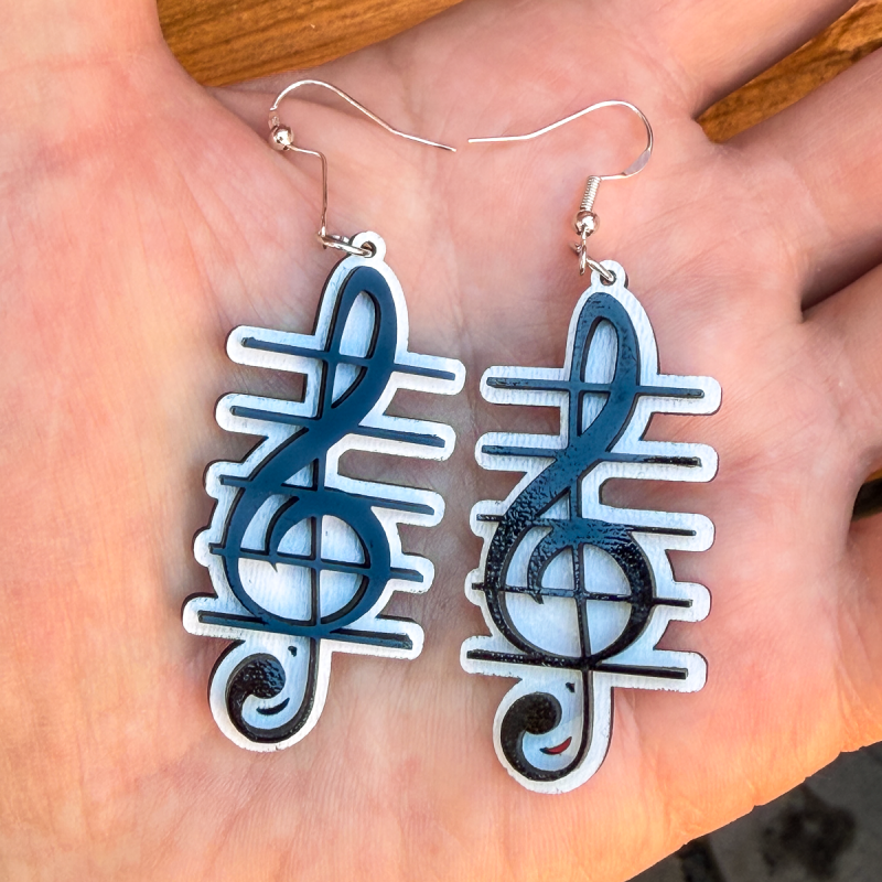 Musical treble clef black and white wooden earrings