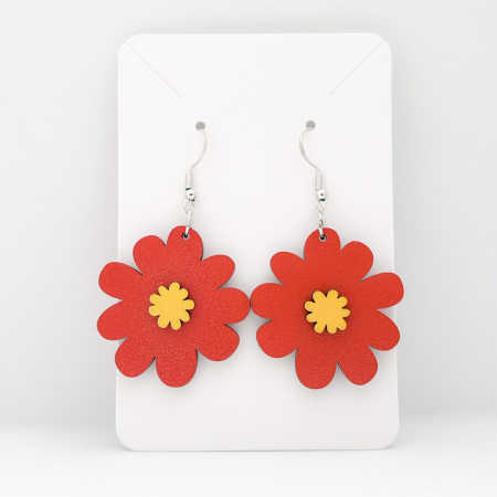 Red flower laser cut wooden earrings