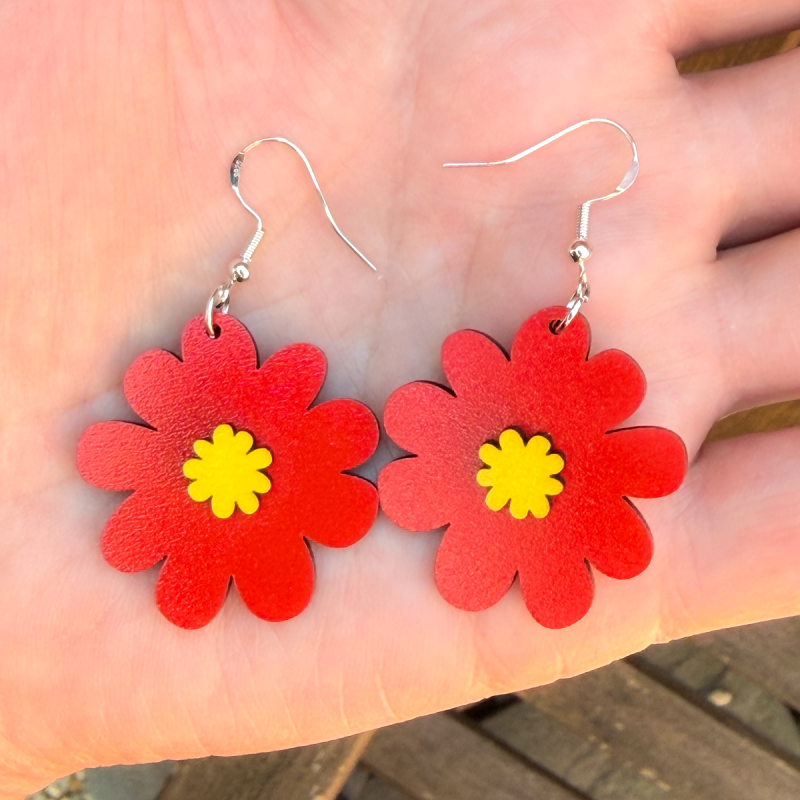Red flower laser cut wooden earrings