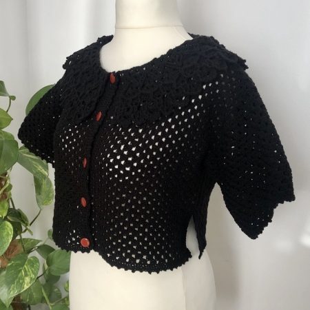 Women's Hand-Crocheted Black Granny Square Crop Top with Lace Collar